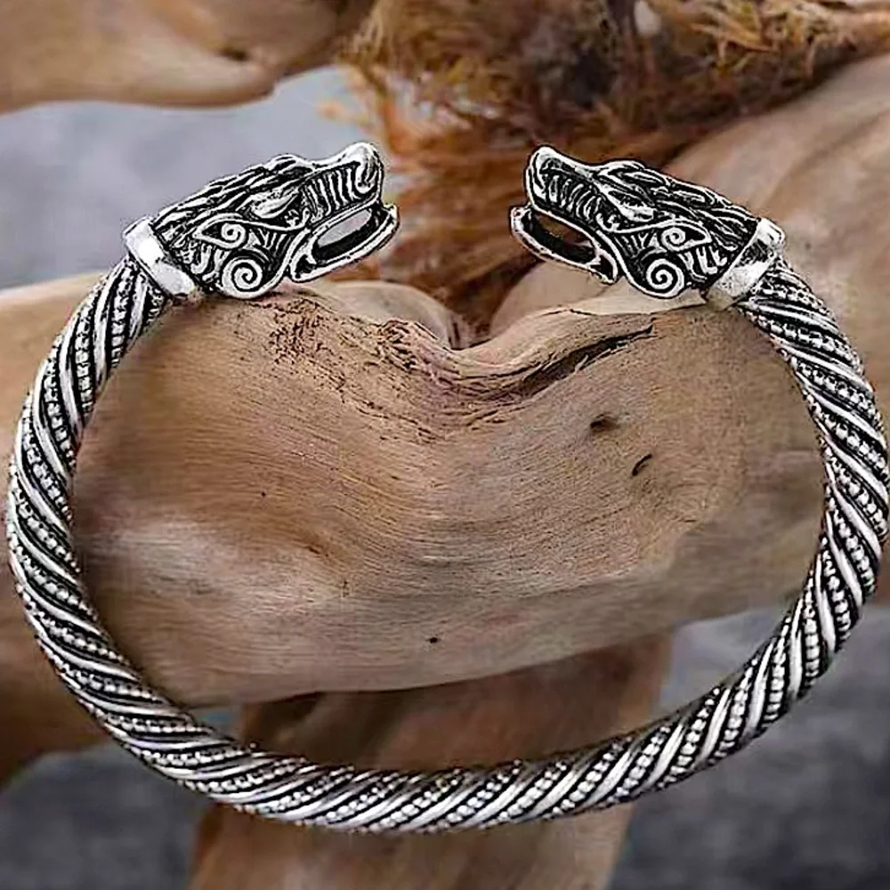 Silver Viking Wolf Head Twisted Norse Arm Band Cuff Bangle Bracelet Men Women
